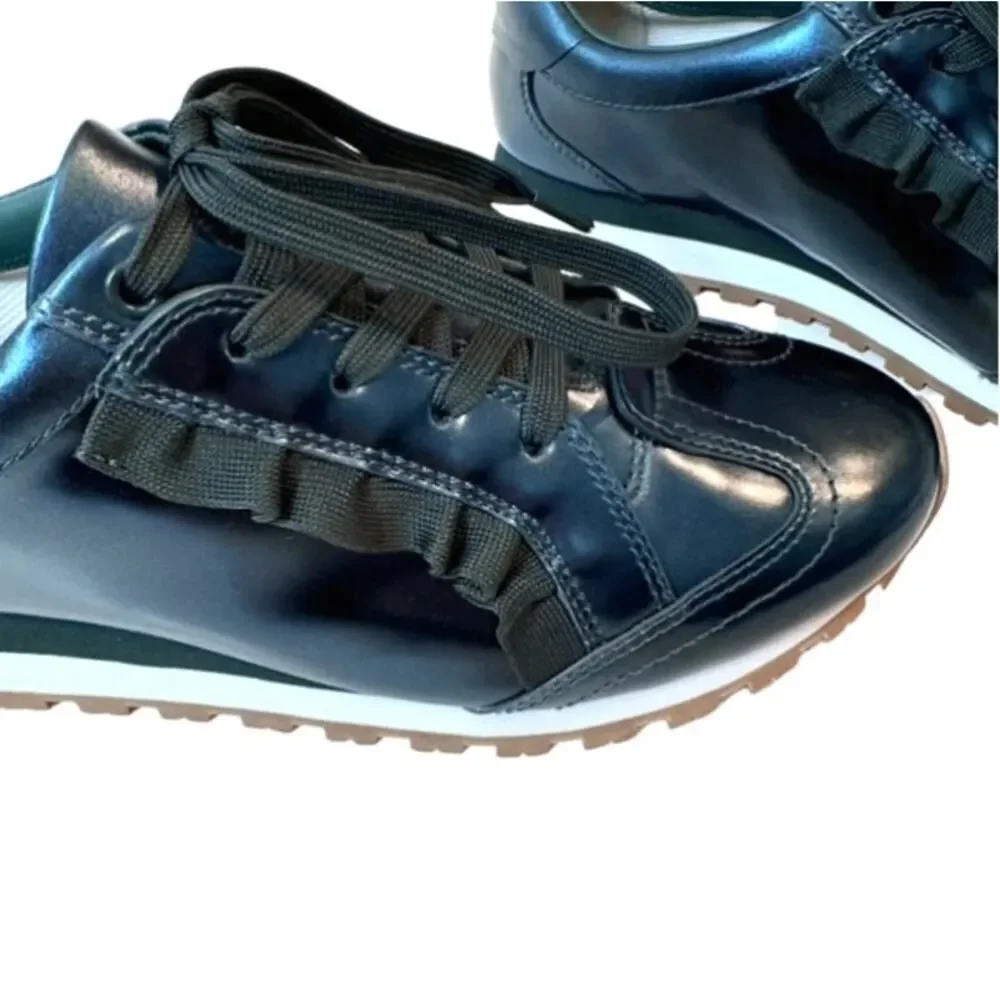Tory Burch Ruffle Trainer Sneaker Metallic Green Leather Women’s 8.5 New No Box